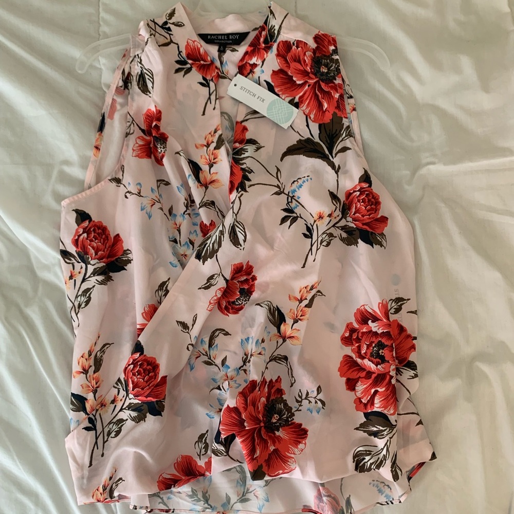 Pink floral deep V blouse